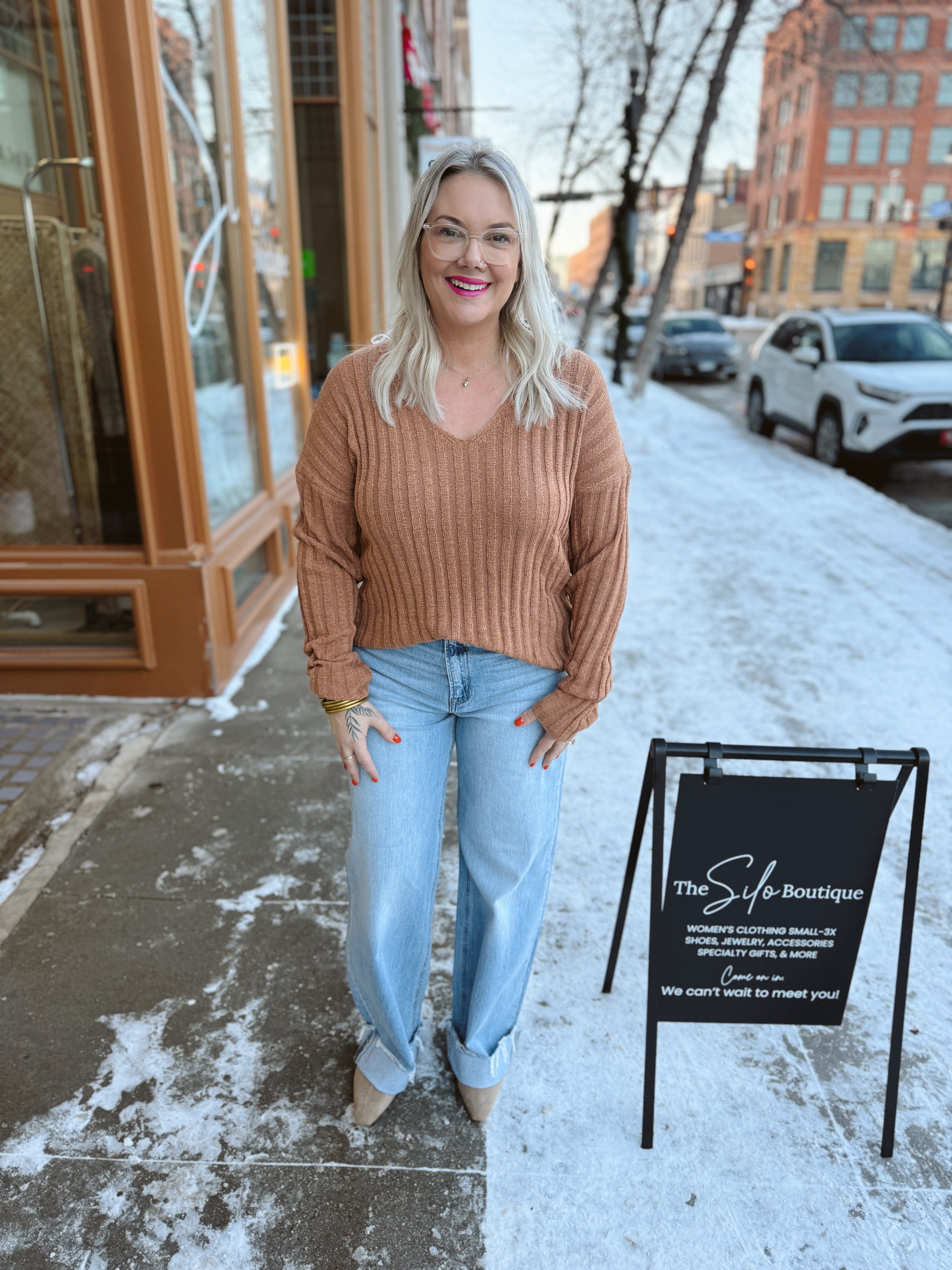 Raised Rib V Neck Sweater-Camel-Final Sale-Sweaters-be cool-The Silo Boutique, Women's Fashion Boutique Located in Warren and Grand Forks North Dakota