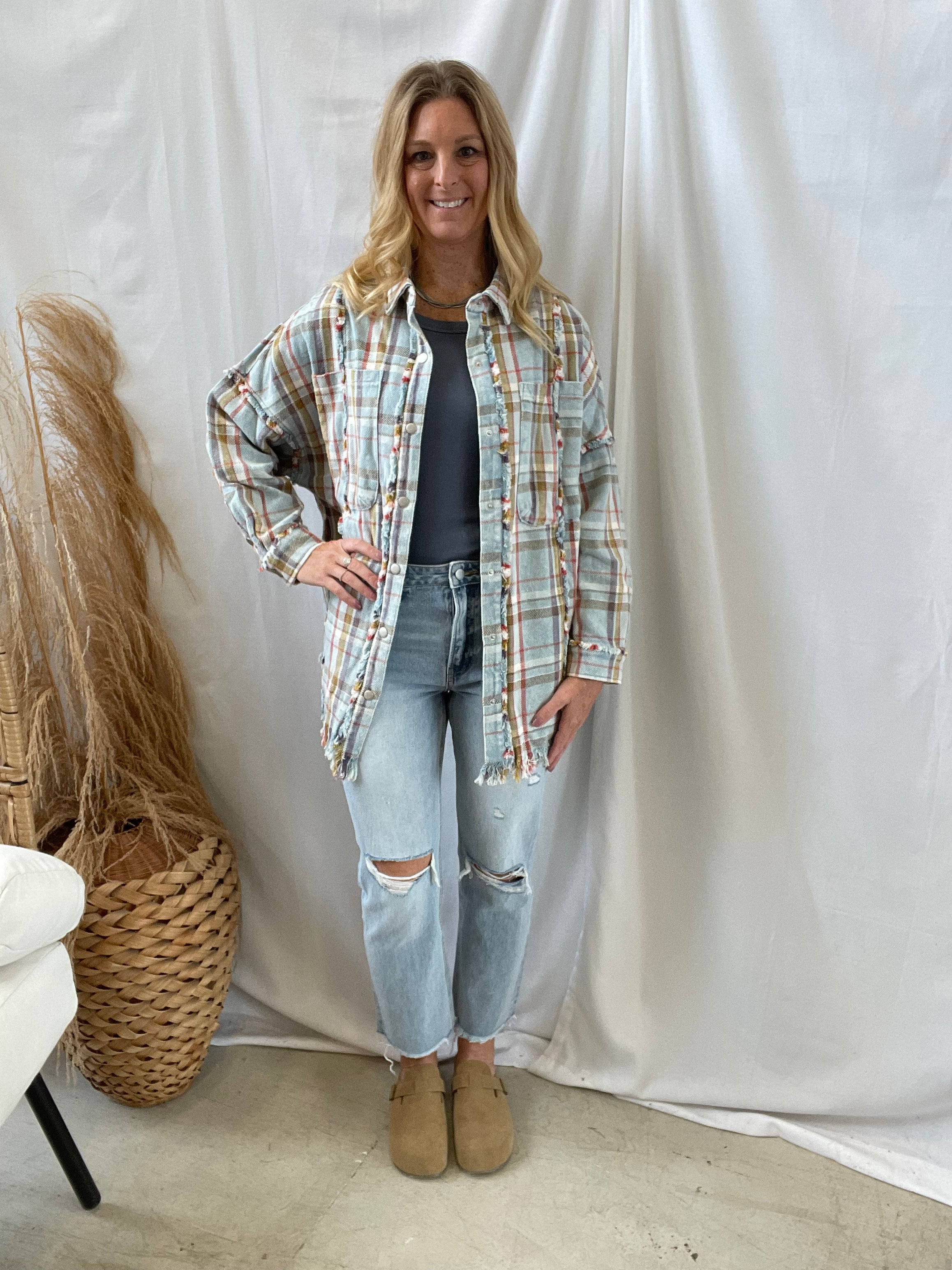 Washed Blue Oli Flannel-Final Sale-Long Sleeve Tops-oli-The Silo Boutique, Women's Fashion Boutique Located in Warren and Grand Forks North Dakota