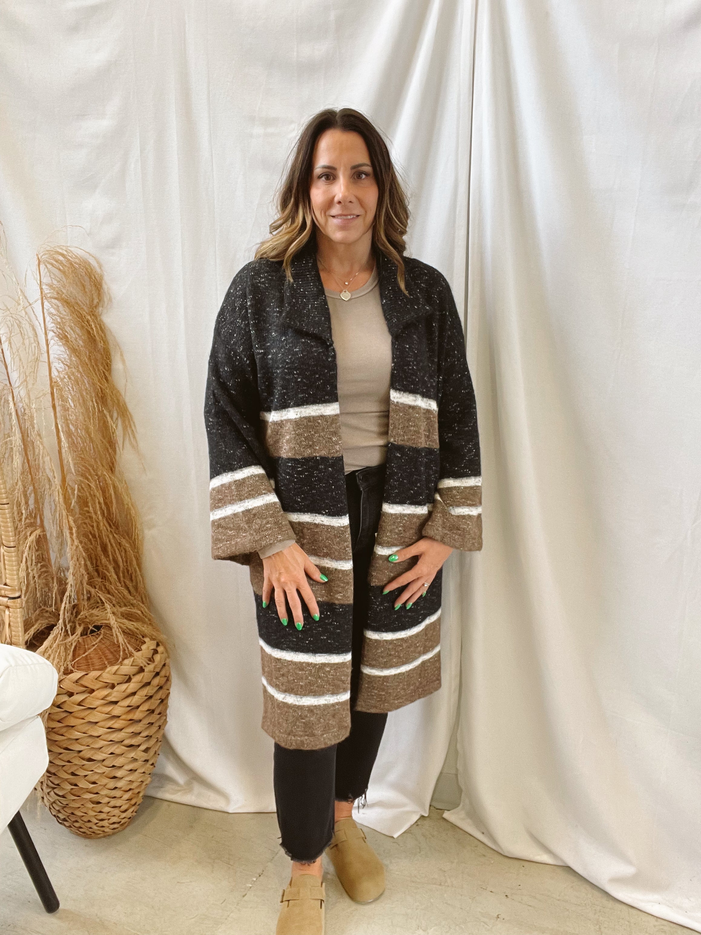 Pepper Long Striped Collared Cardigan-Cardigans-promesa-The Silo Boutique, Women's Fashion Boutique Located in Warren and Grand Forks North Dakota