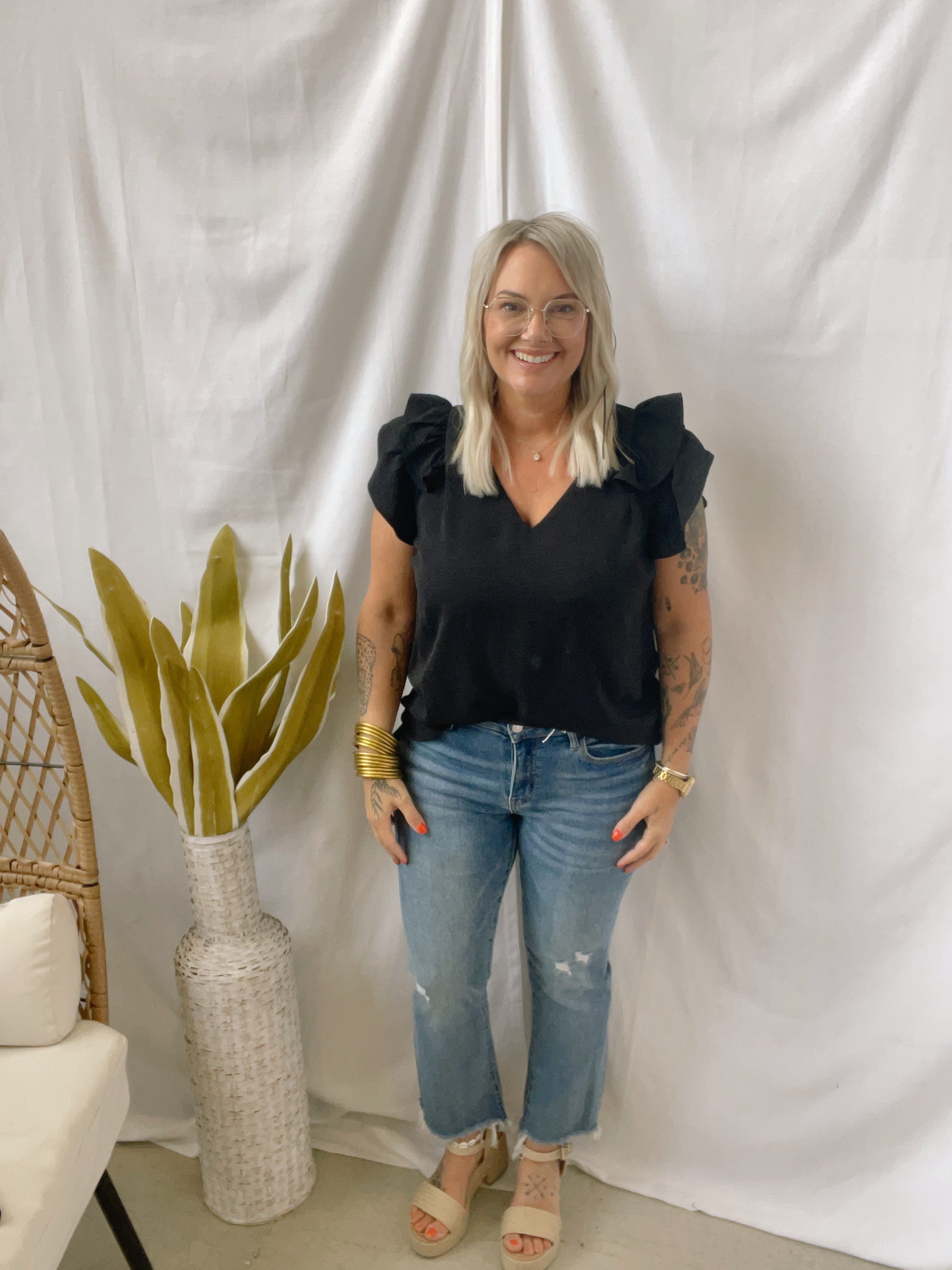 The Great Ruffle Sleeve Top-Black-Final Sale-Short Sleeve Tops-Umgee-The Silo Boutique, Women's Fashion Boutique Located in Warren and Grand Forks North Dakota