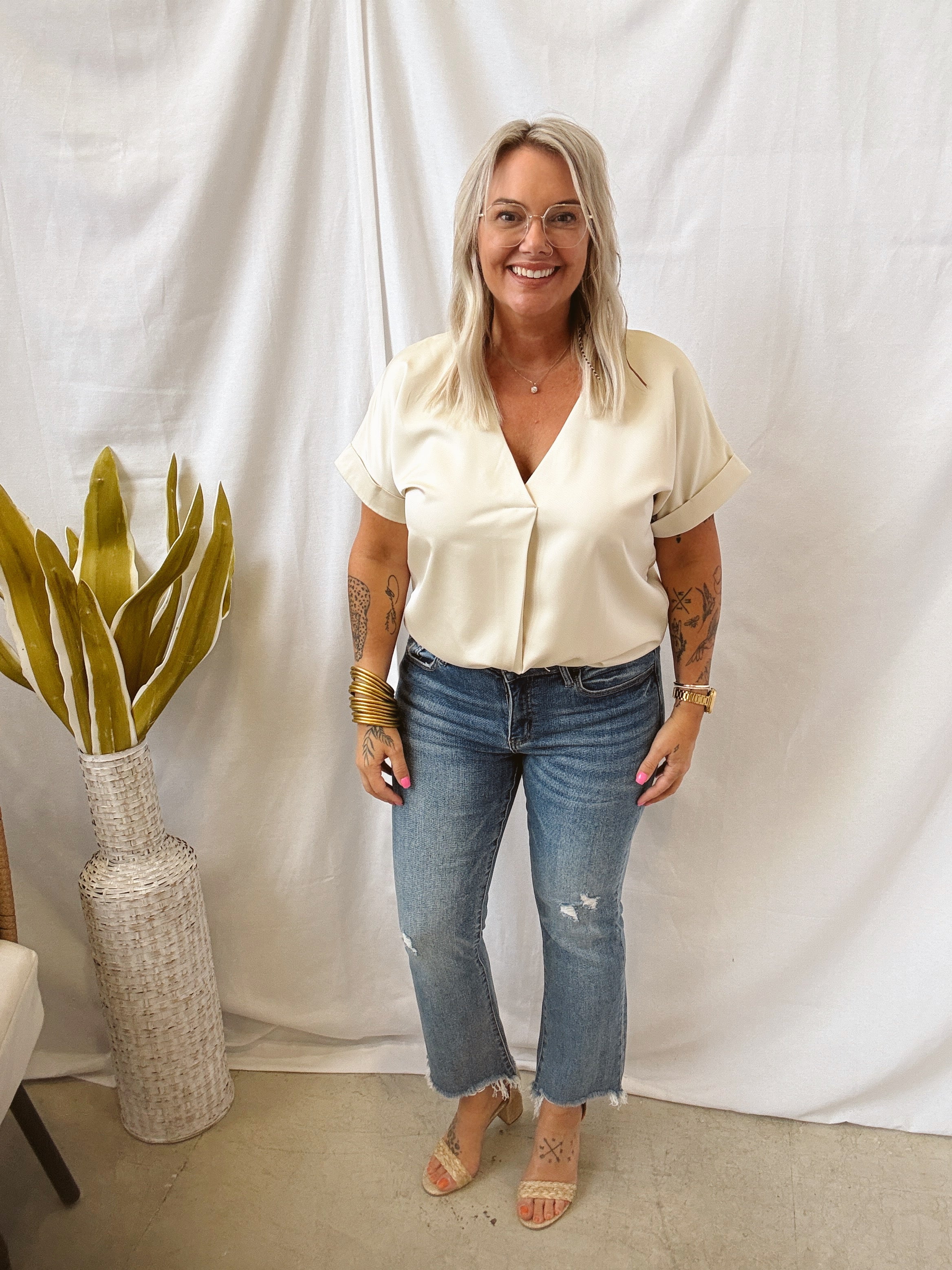 Glam V Neck Short Sleeve Top-Cream-Final Sale-Short Sleeve Tops-glam-The Silo Boutique, Women's Fashion Boutique Located in Warren and Grand Forks North Dakota