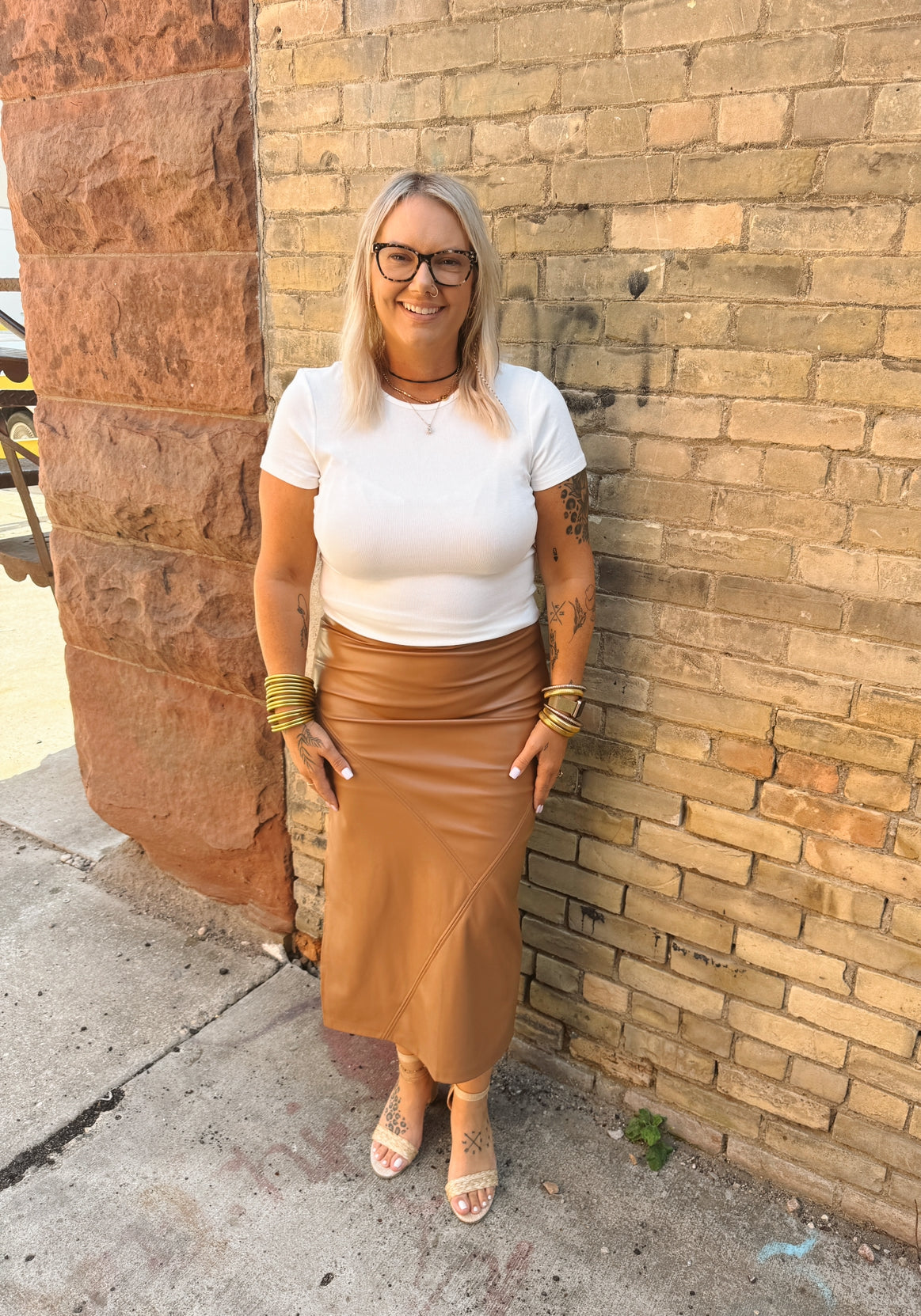 Camel Leather Pencil Skirt-Final Sale-Skirts-hem and thread-The Silo Boutique, Women's Fashion Boutique Located in Warren and Grand Forks North Dakota