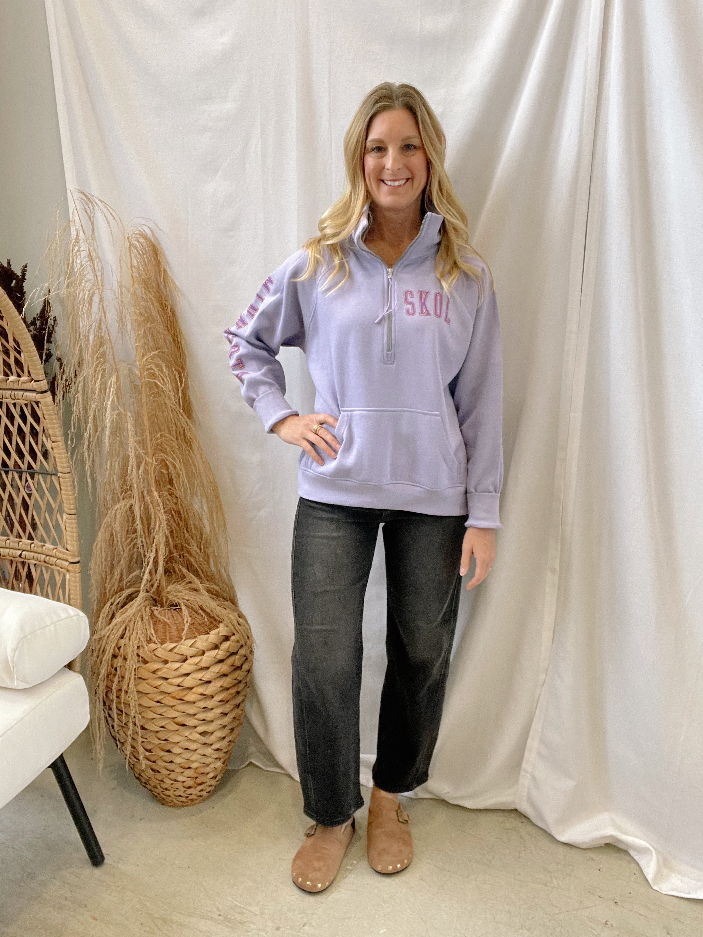 Purple MN Varsity Half Zip Sweatshirt-Sweatshirts-218-The Silo Boutique, Women's Fashion Boutique Located in Warren and Grand Forks North Dakota