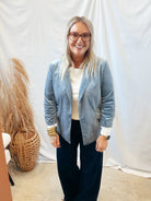 Dusty Blue Velvet Blazer-Blazers-skies are blue-The Silo Boutique, Women's Fashion Boutique Located in Warren and Grand Forks North Dakota