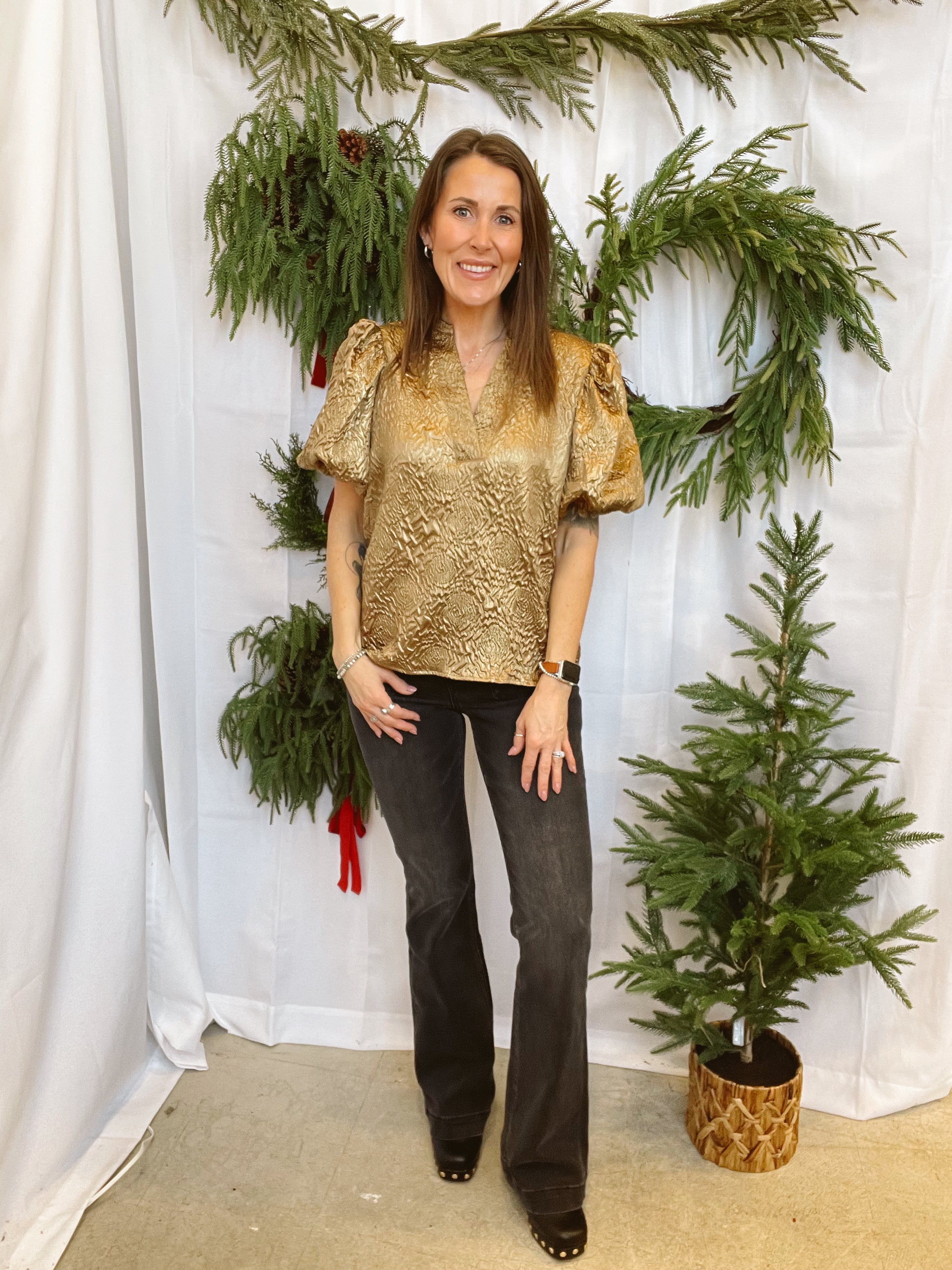 Glam Gold V Neck Puff Top-Final Sale-Short Sleeve Tops-glam-The Silo Boutique, Women's Fashion Boutique Located in Warren and Grand Forks North Dakota