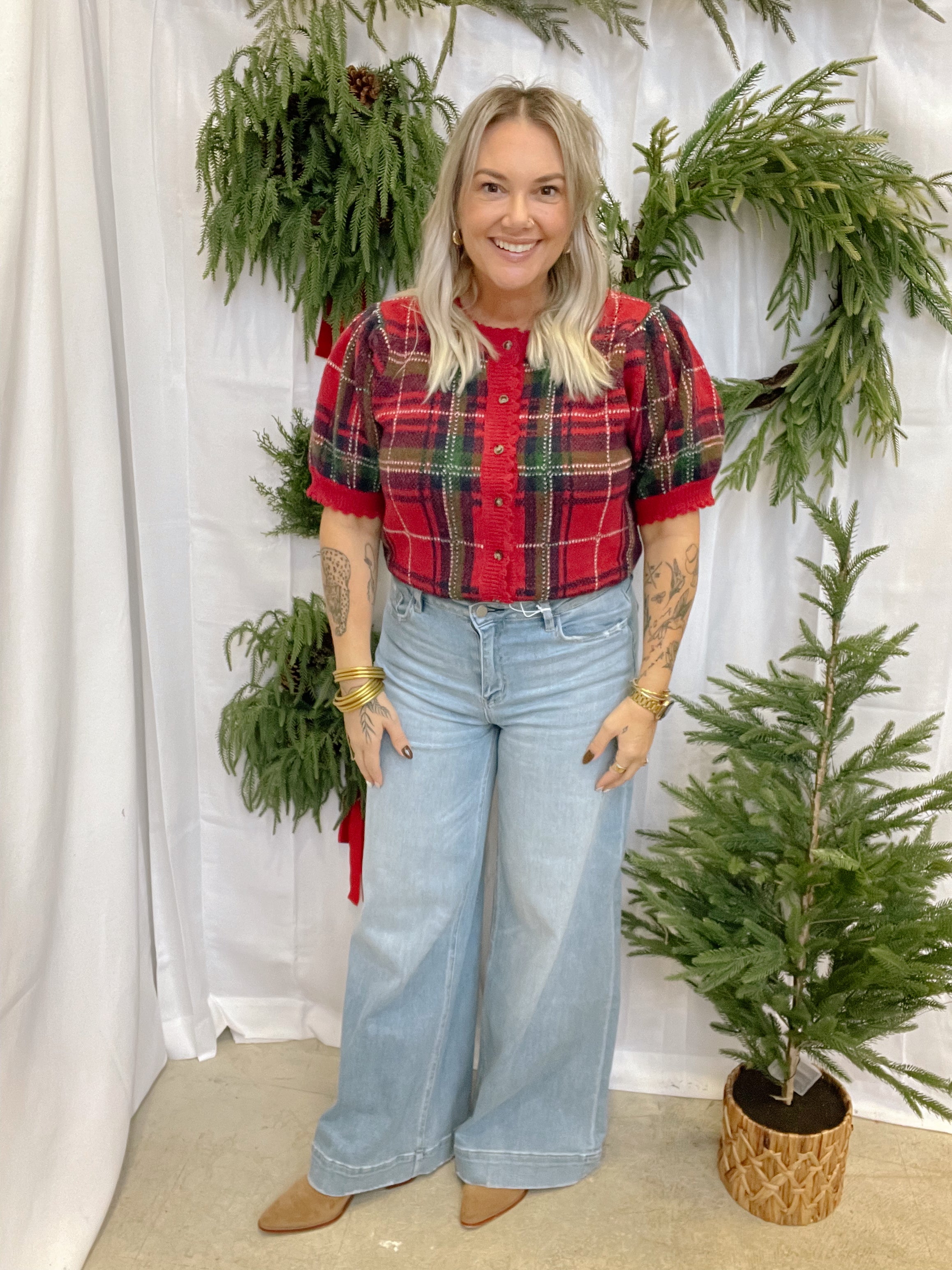 Short Sleeve Plaid Sweater-Red-Final Sale-Sweaters-entro-The Silo Boutique, Women's Fashion Boutique Located in Warren and Grand Forks North Dakota