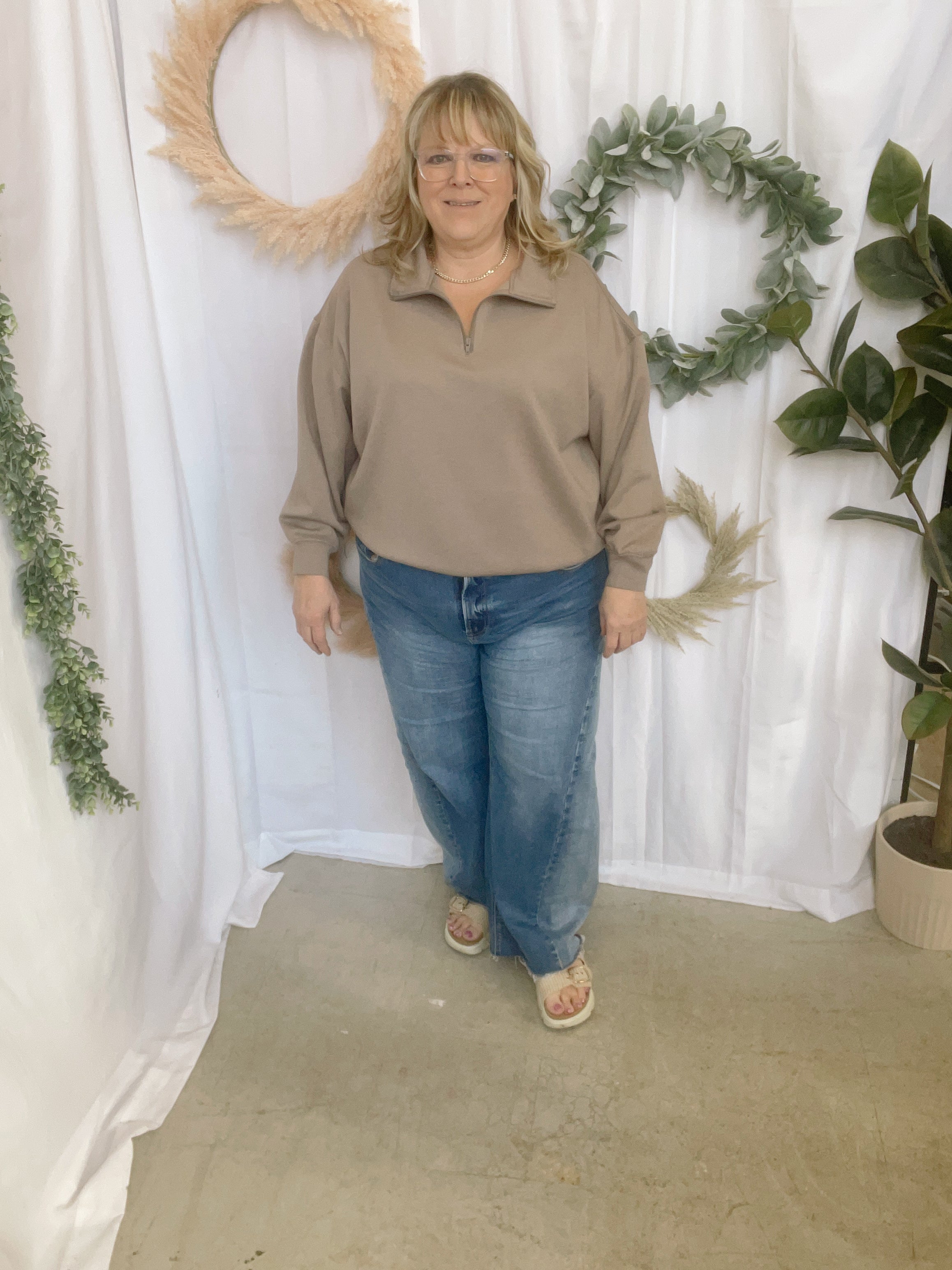 Zoe Scuba Quarter Zip Sweatshirt-Taupe-Sweatshirts-Zenana-The Silo Boutique, Women's Fashion Boutique Located in Warren and Grand Forks North Dakota