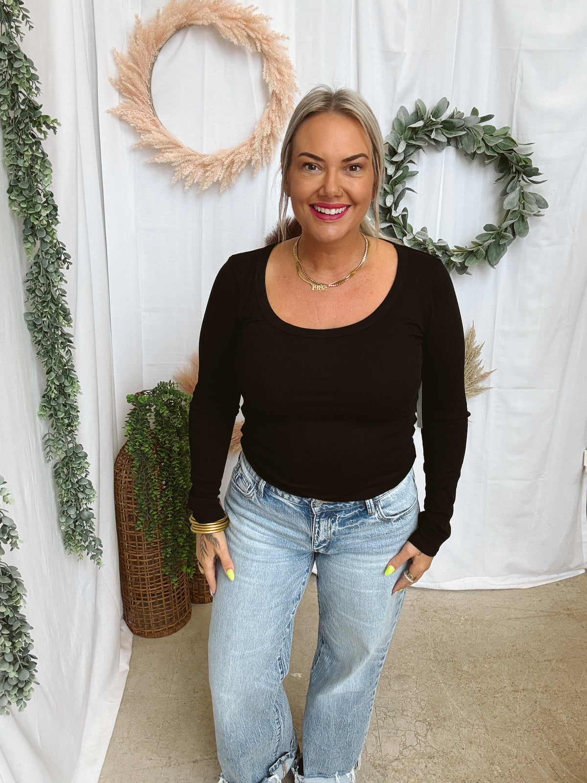 Mono B Scoop Ribbed Long Sleeve Top-Black-Long Sleeve Tops-mono b-The Silo Boutique, Women's Fashion Boutique Located in Warren and Grand Forks North Dakota
