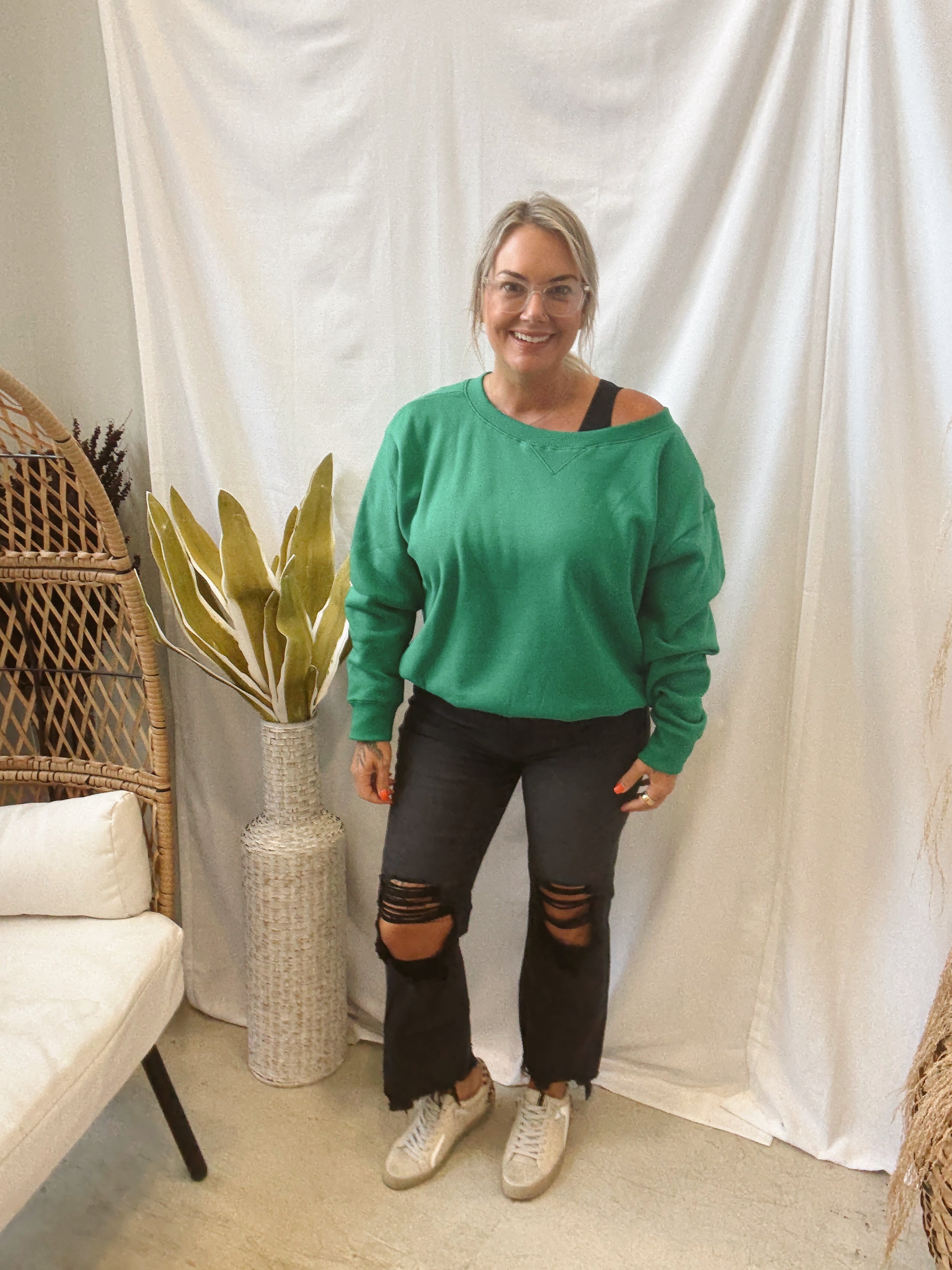 Kelly Green Boat Neck Sweatshirt-Sweatshirts-Zenana-The Silo Boutique, Women's Fashion Boutique Located in Warren and Grand Forks North Dakota
