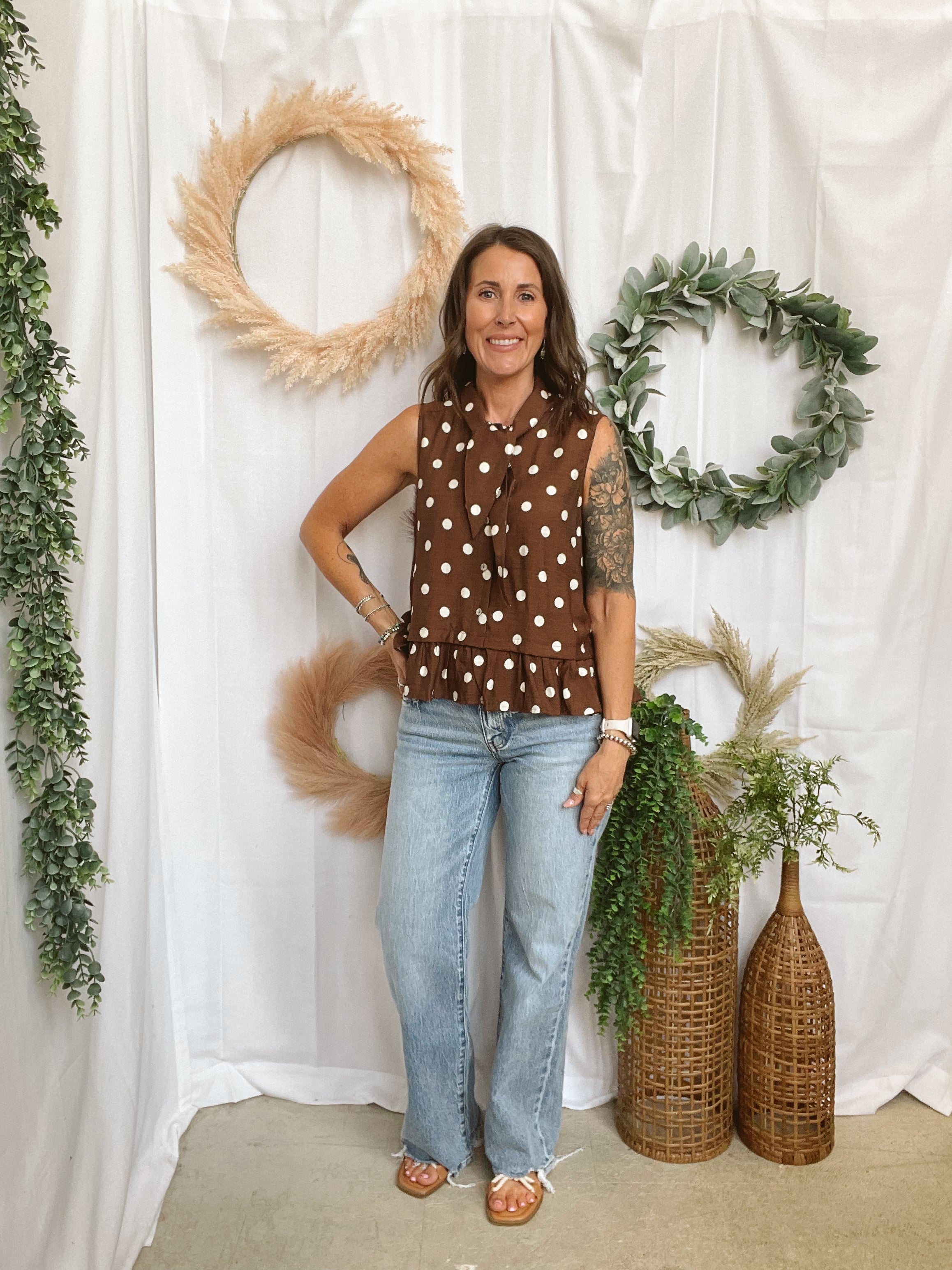 Polka Dot Scarf Sleeveless Top-Brown-Tank Tops-ENTRO-The Silo Boutique, Women's Fashion Boutique Located in Warren and Grand Forks North Dakota