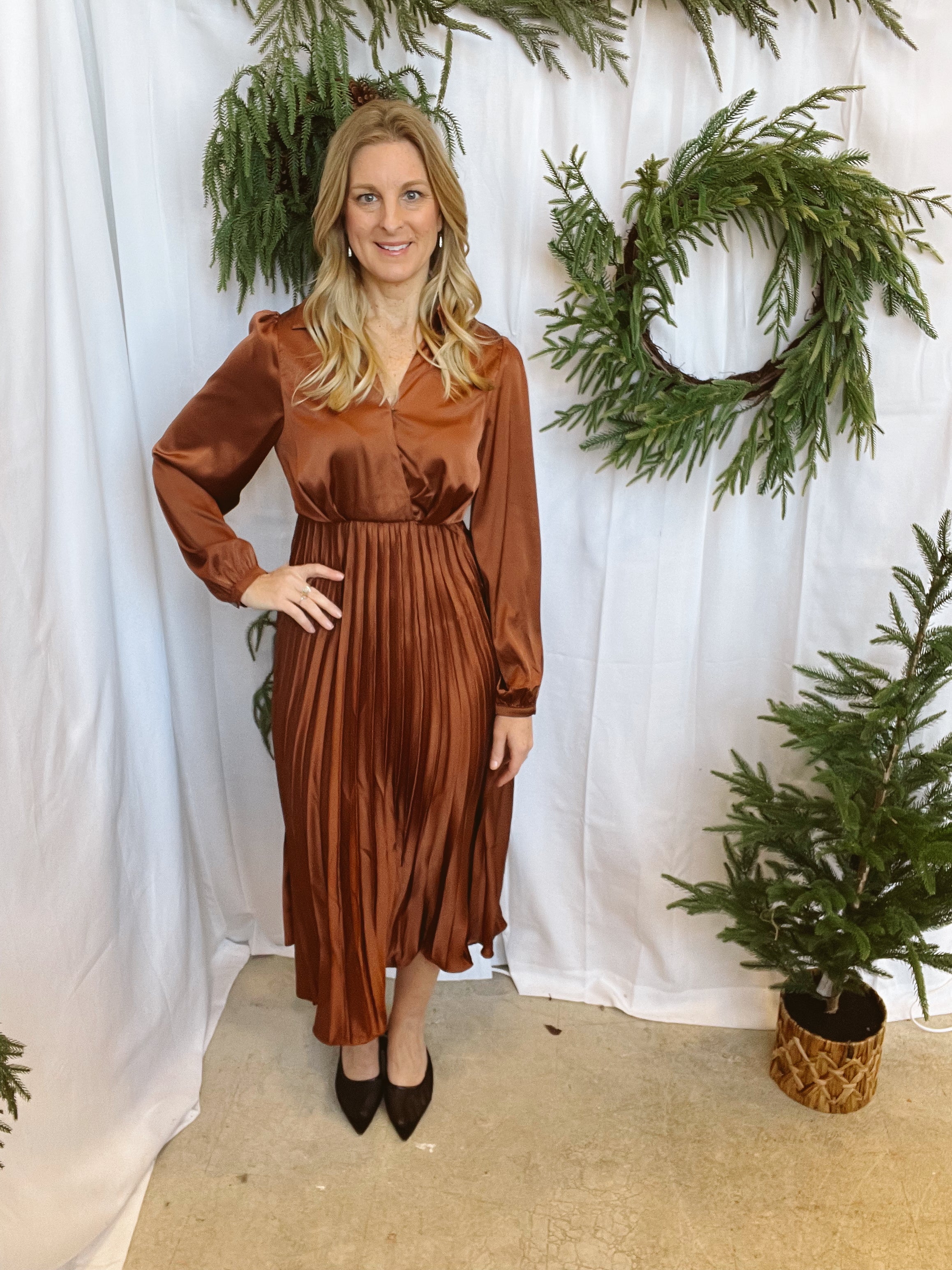 Satin Pleated Dress-Toffee-Sweaters-she and sky-The Silo Boutique, Women's Fashion Boutique Located in Warren and Grand Forks North Dakota