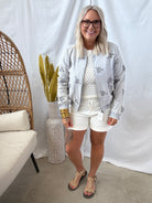 Washed Blue Embroidery Bomber Jacket-Coats & Jackets-mystree-The Silo Boutique, Women's Fashion Boutique Located in Warren and Grand Forks North Dakota