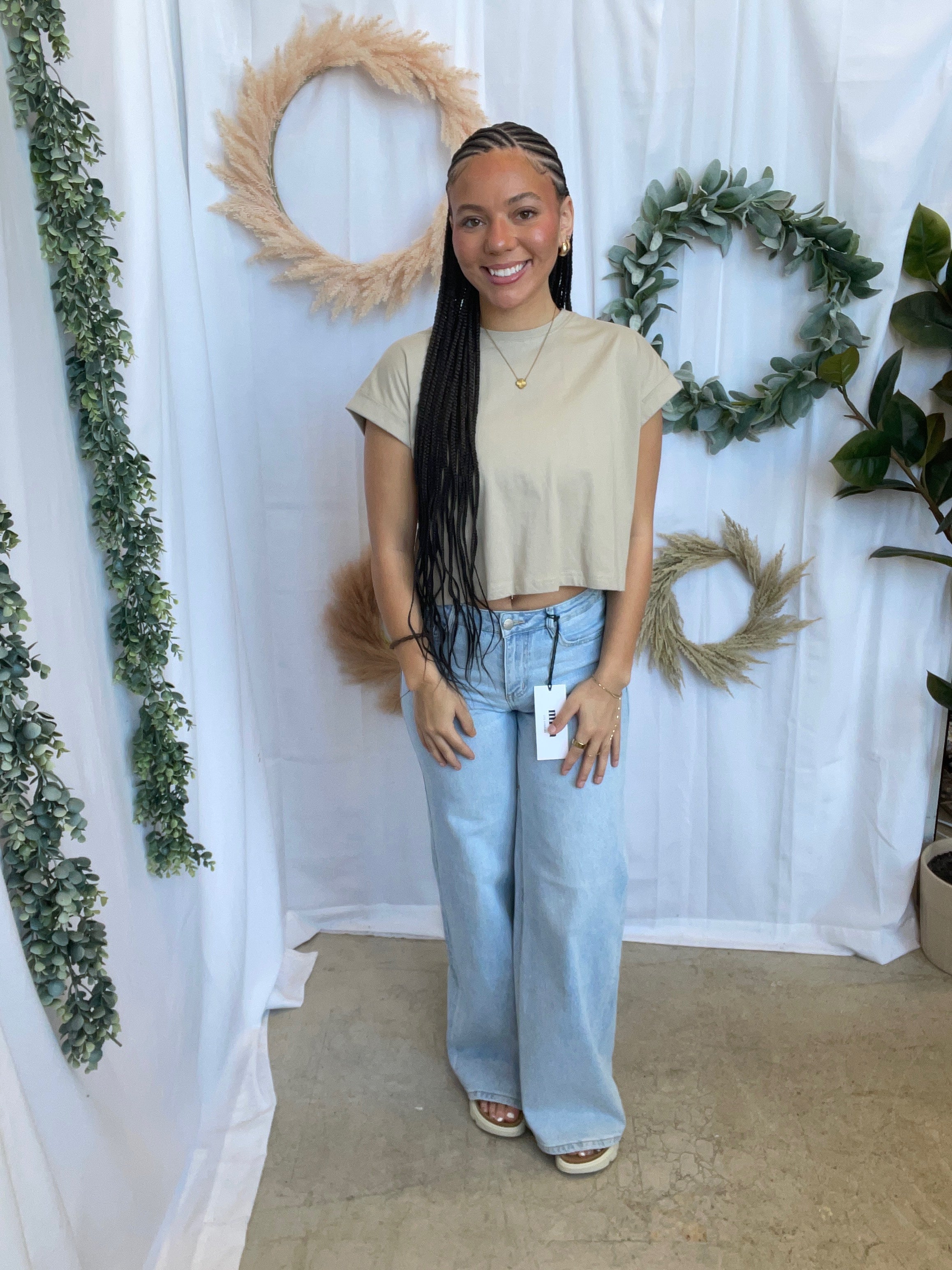 Miou Muse Cuffed Sleeve Top-Stone-Short Sleeve Tops-miou muse-The Silo Boutique, Women's Fashion Boutique Located in Warren and Grand Forks North Dakota