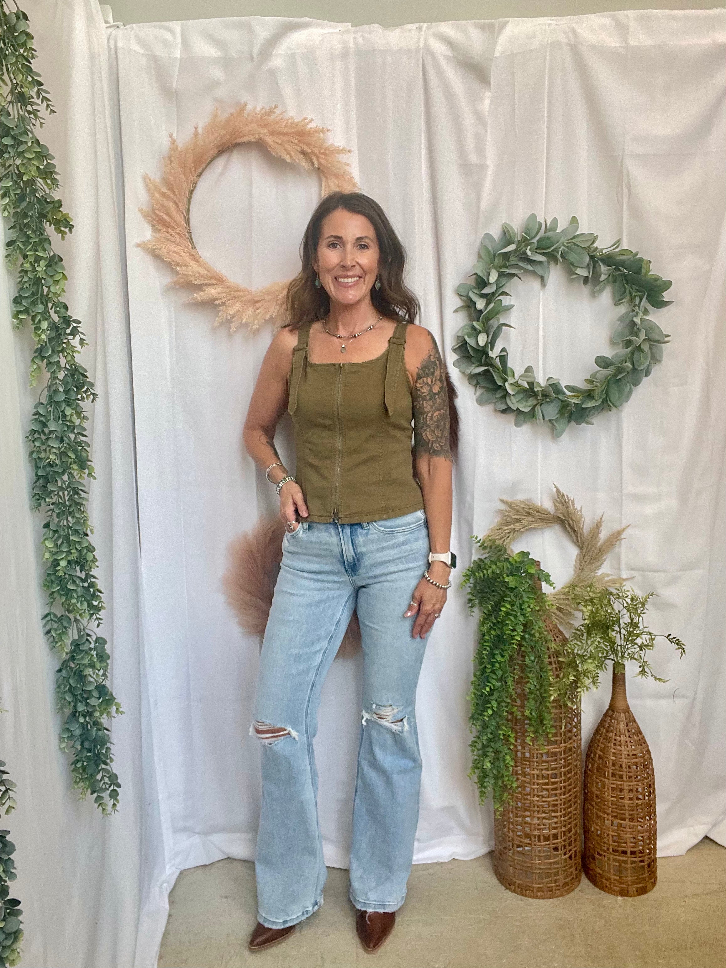 Rae Buckle Tank Top-Olive-Short Sleeve Tops-Doe and Rae-The Silo Boutique, Women's Fashion Boutique Located in Warren and Grand Forks North Dakota