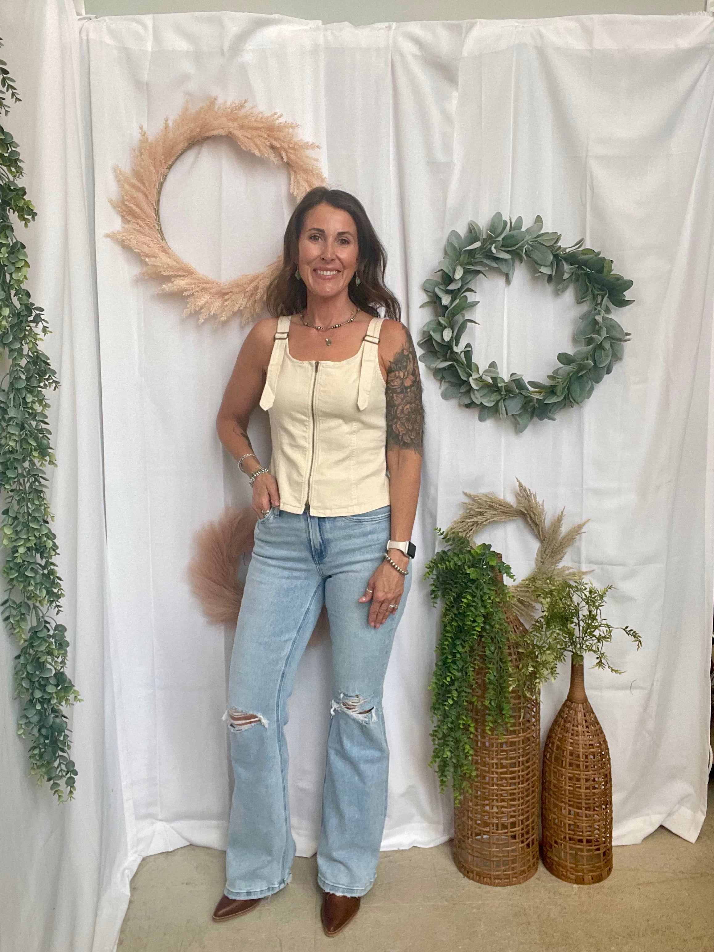 Rae Buckle Tank Top-Ecru-Short Sleeve Tops-Doe and Rae-The Silo Boutique, Women's Fashion Boutique Located in Warren and Grand Forks North Dakota