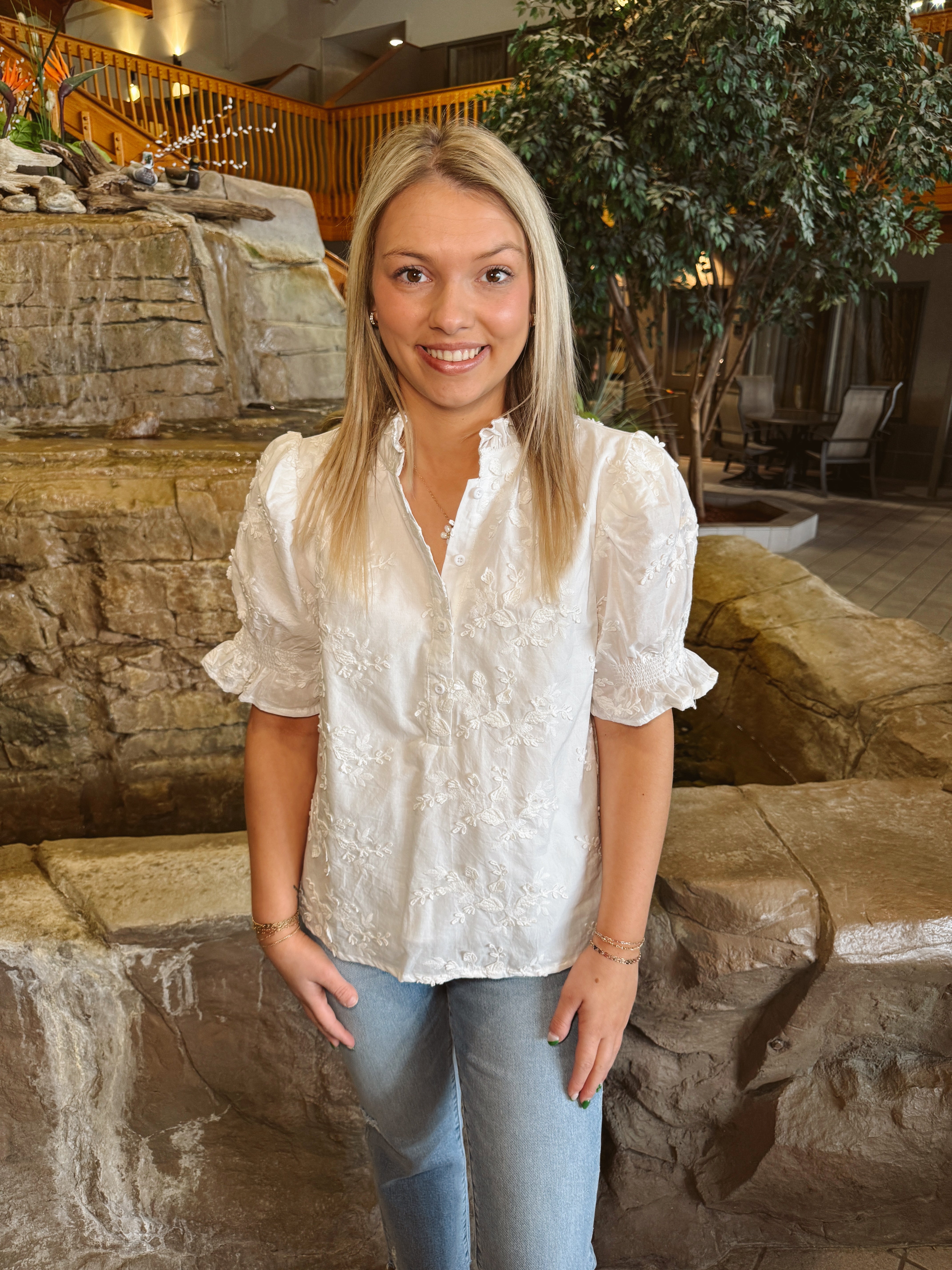 White Embroidered Detail Short Sleeve Top-Final Sale-Long Sleeve Tops-entro-The Silo Boutique, Women's Fashion Boutique Located in Warren and Grand Forks North Dakota
